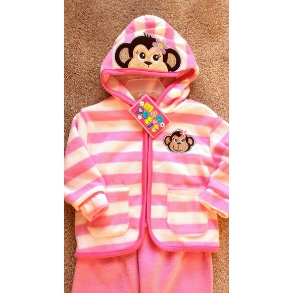 NWT Girl's Size 6-9 M Months 2P Mon Petit Pink Fleece Monkey Jacket & Pants Set - Picture 2 of 6